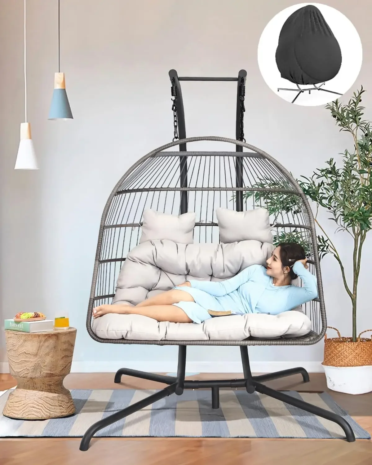 

Double Swing Egg Chair with Stand, 2 Person Wicker Hanging Egg Chair Outdoor Indoor, 550lbs Capacity Hammock Chair Loveseat