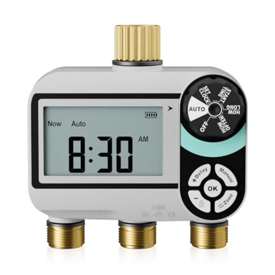 

Программируемый цифровой таймер полива QUOBAS из латуни для садового шланга с защитой от детей, 3 режима: отсрочка полива при дожде/автоматический/ручной, большой, водонепроницаемый