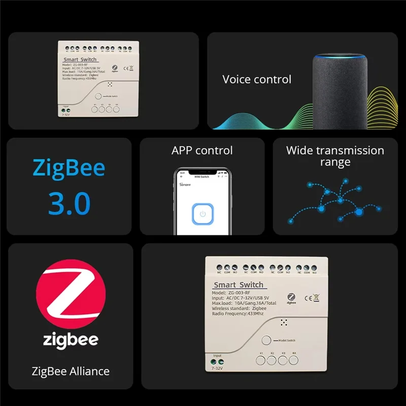 

B29C-Tuya Smart Zigbee AC/DC7-32V переключатель 4-канальный с корпусом на DIN-рейку работает с домашним помощником Alexa