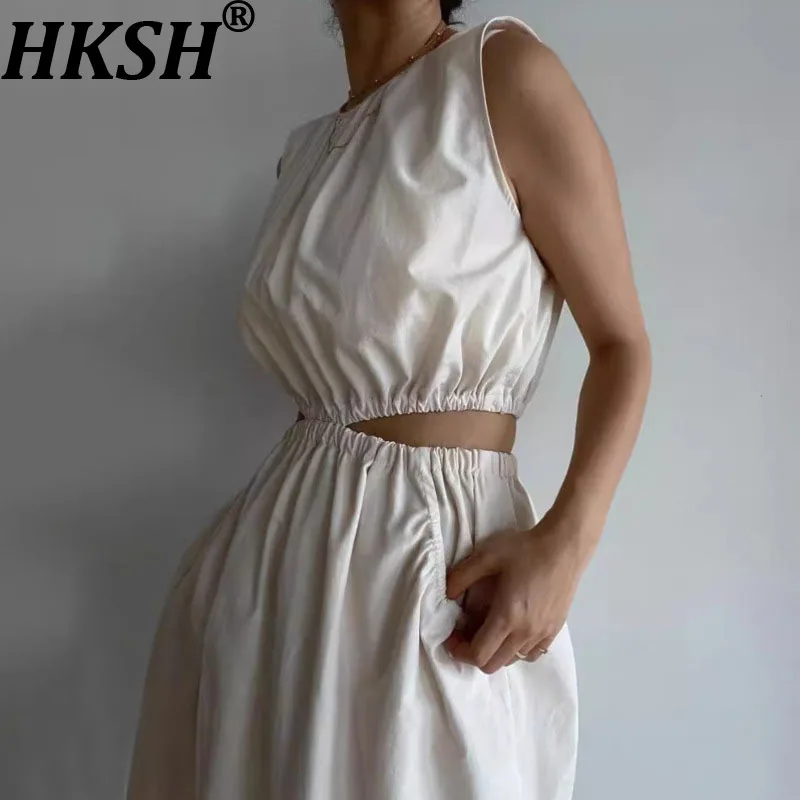 

HKSH Summer New Women High Street Fashion Elegant Trendy Ins Solid Color O-neck Sleeveless Simple Style Casual Long Dress HK6464
