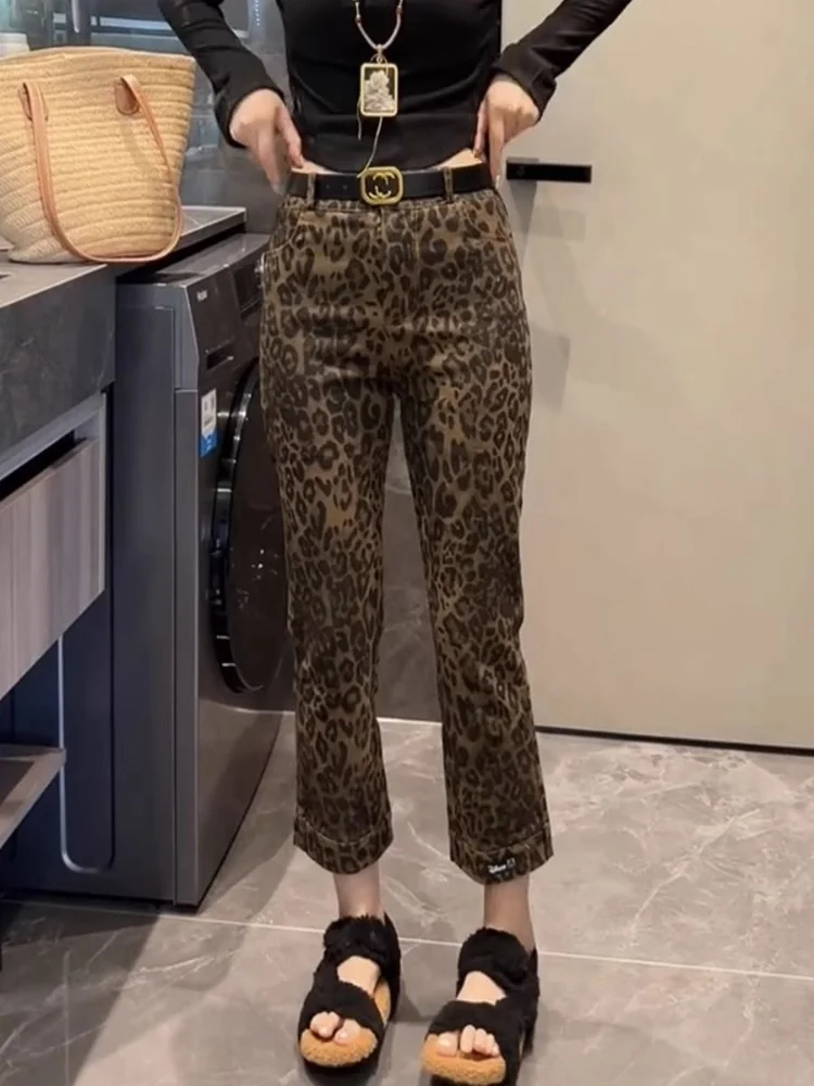 Jeans in denim con stampa leopardata foderati a gamba dritta a vita alta Pantaloni vintage a nove tubi da donna Jeans casual Waed