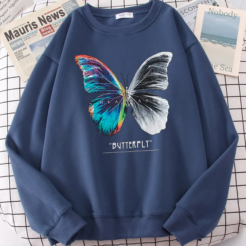 Casual Street Women\'S Pullover Butterfly Half Color Half Black And White Print Hoody Comfortable Sweatshirts Loose Soft Tops