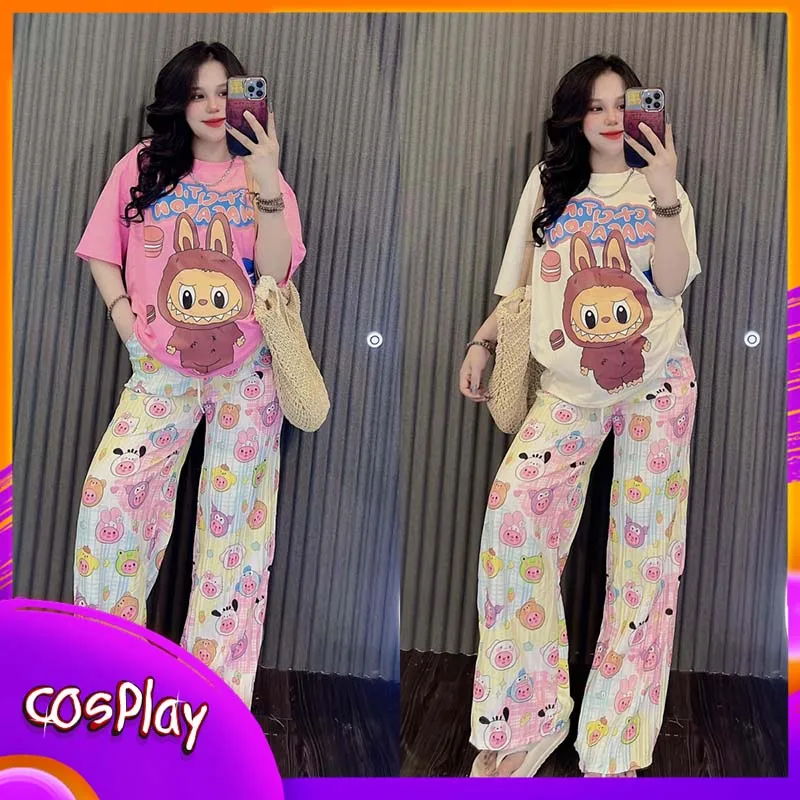 LABUBU Print T-Shirt And Pants Anime Cartoon Short Sleeved Shirt Casual Fashion 2pcs Set Kawaii Cute Woman Outdoor Clothing Gift