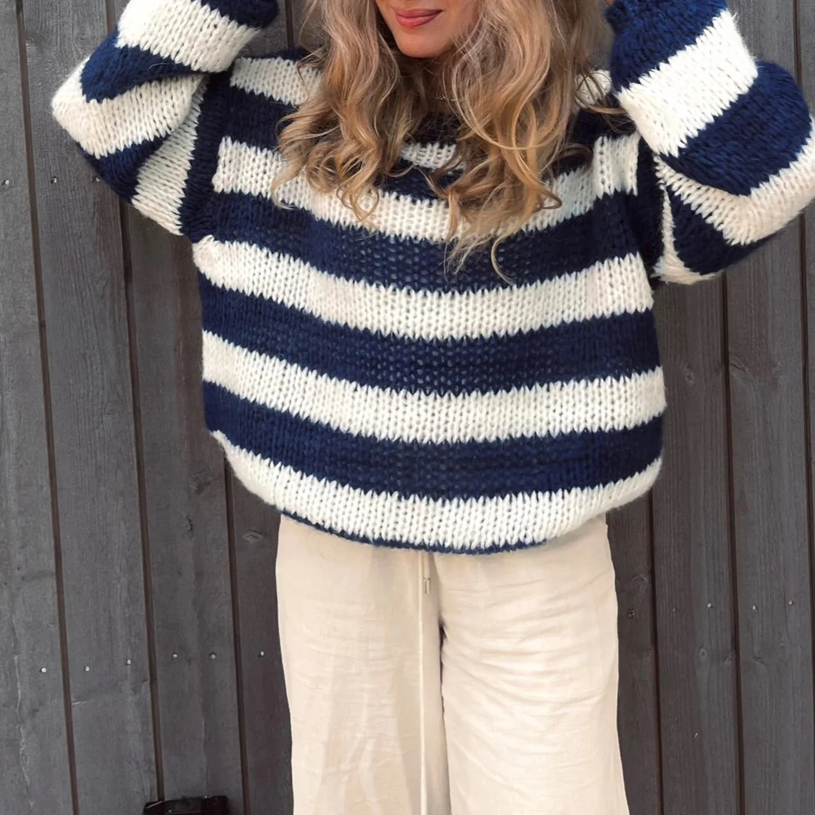 Autumn Stripe Knit O-neck Women's Pullovers Lantern Sleeve Oversized Loose Sweater 2024 Autumn Casual Office outerwears