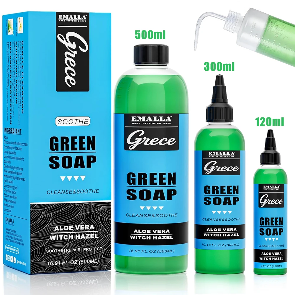 

Зеленое мыло EMALLA GRECE для татуировок 500/300/120 мл, очищающий раствор, жидкое мыло с зелеными водорослями, пена для очистки татуировок, аксессуары для тату-салонов