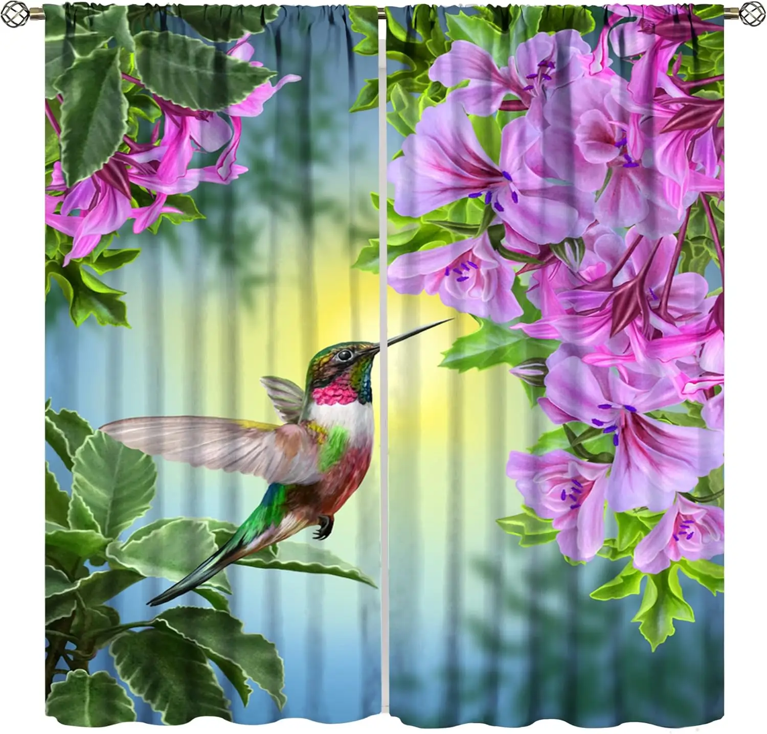 Hummingbird Blackout Curtains, Beautiful Purple Floral Hummingbird Nature Theme,for Bedroom Living Room, 2 Panel Set, 42x45 Inch