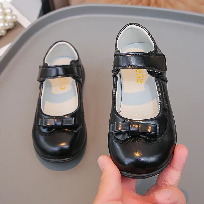 

Girls School Shoes Black Simple Bows 2025 Fashion Students Leather Shoes Non-slip Soft Sole Children Performance Shoes Hook&loop
