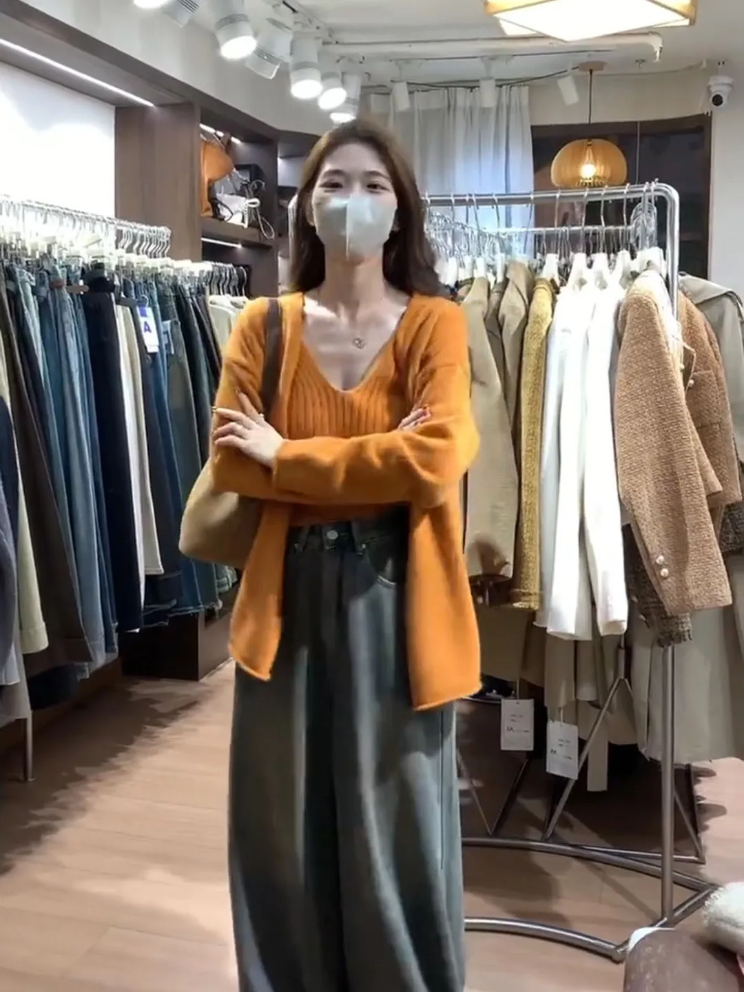 الخريف الشتاء المرأة سترة على شكل حرف v سترة مجموعة البرتقال الغروب اللون طبقات التخسيس Sle محبوك سترة طويلة Sve #4