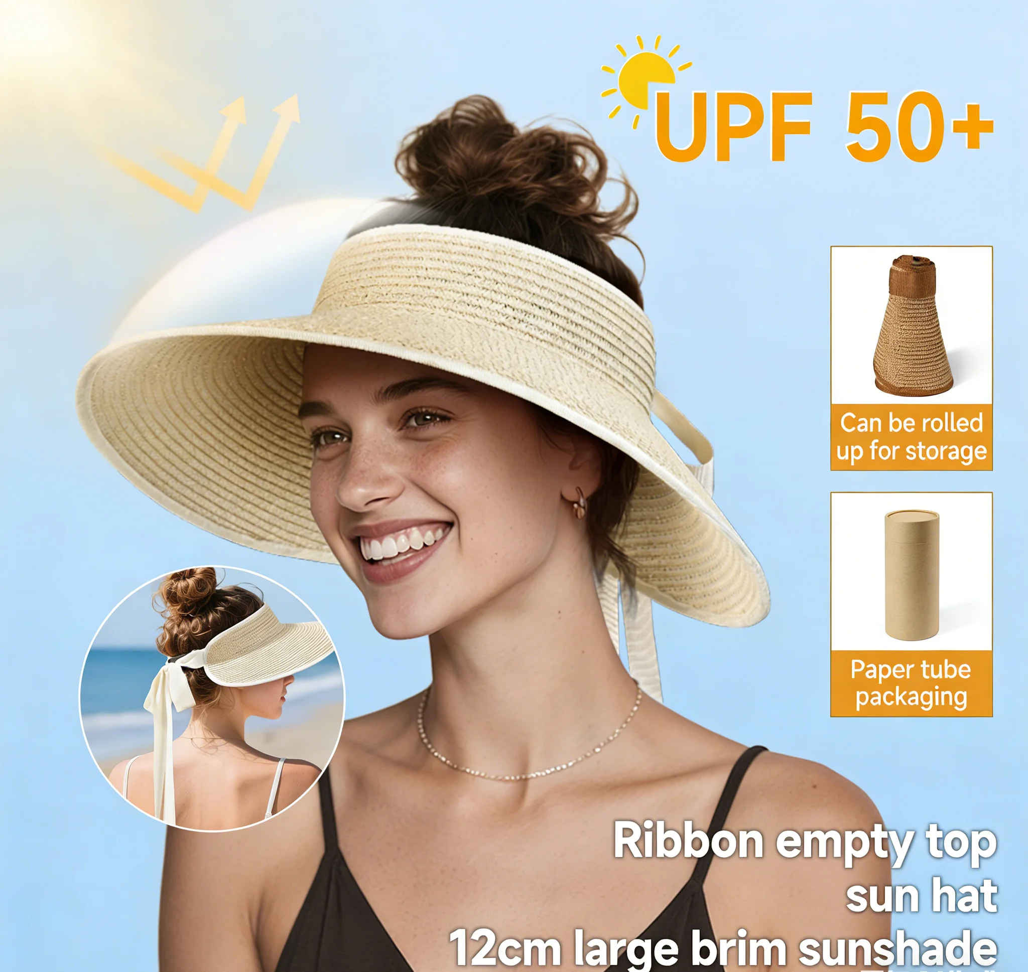 

French-style Rope-tied Straw Visor Hat UV Protection Perfect for Beach and Seaside Outings Egg Roll Straw Hat Sun Protection Hat