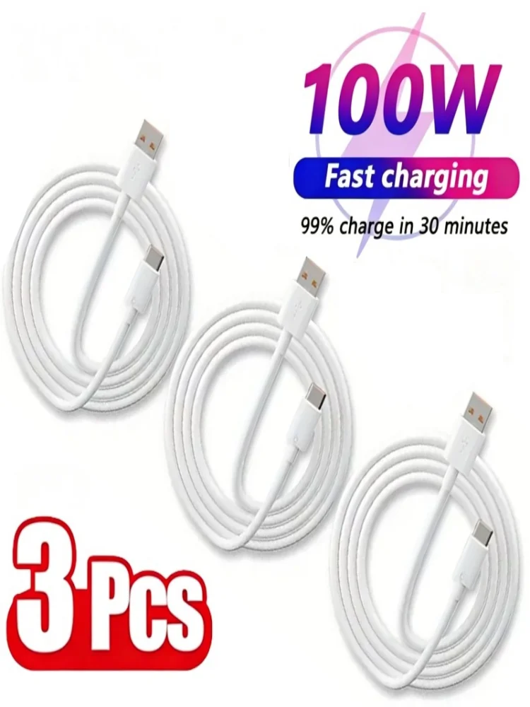 3 SZT. Kabel USB-C 6A 100W do super szybkiego ładowania i transmisji danych, kompatybilny z Samsung, Huawei, Xiaomi, Redmi, kable USB-C do szybkiego ładowania (3PCS-1M) — Zdjęcie 2 z 2