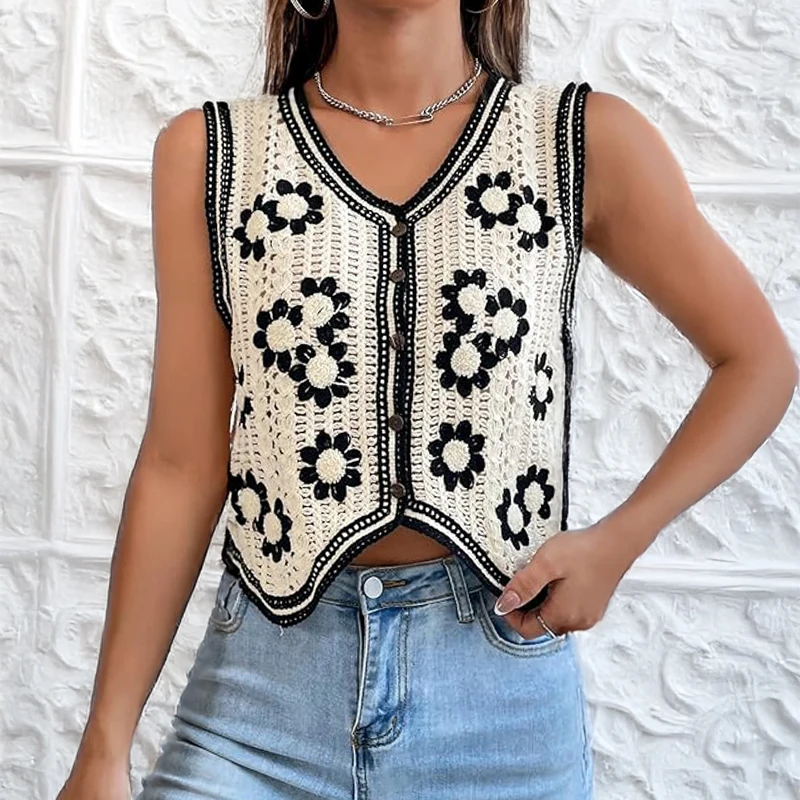 

Daisy Crochet Vest Women Embroidered Floral Hollow Out Openwork Button-up Sleeveless Knit Waistcoat Summer Boho Vacation Outfit