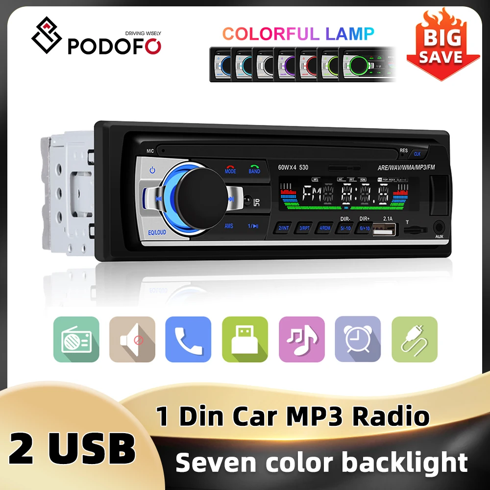 Podofo 12V 60W 1Din Car Stereo Bluetooth MP3 Player Remote Control RCA 4-channel Audio Output USB/SD/AUX-IN FM Radio Car Audio