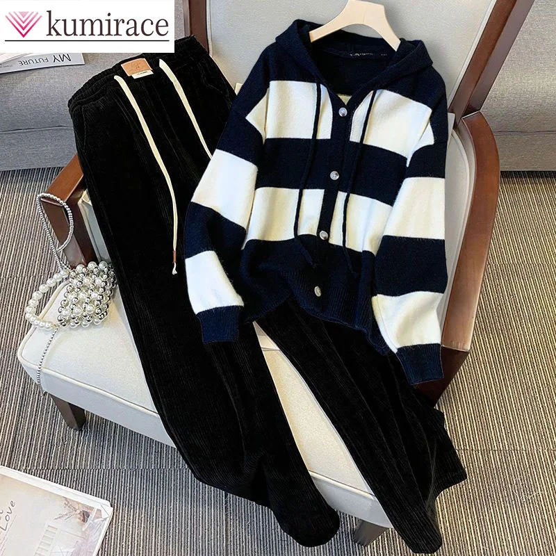 

Large Women's Clothing 2024 Autumn and Winter New Hooded Sweater Jacket Fashion Slimming Two-piece Set Winter Clothes Women