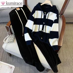 Large Women's Clothing 2024 Autumn and Winter New Hooded Sweater Jacket Fashion Slimming Two-piece Set Winter Clothes Women