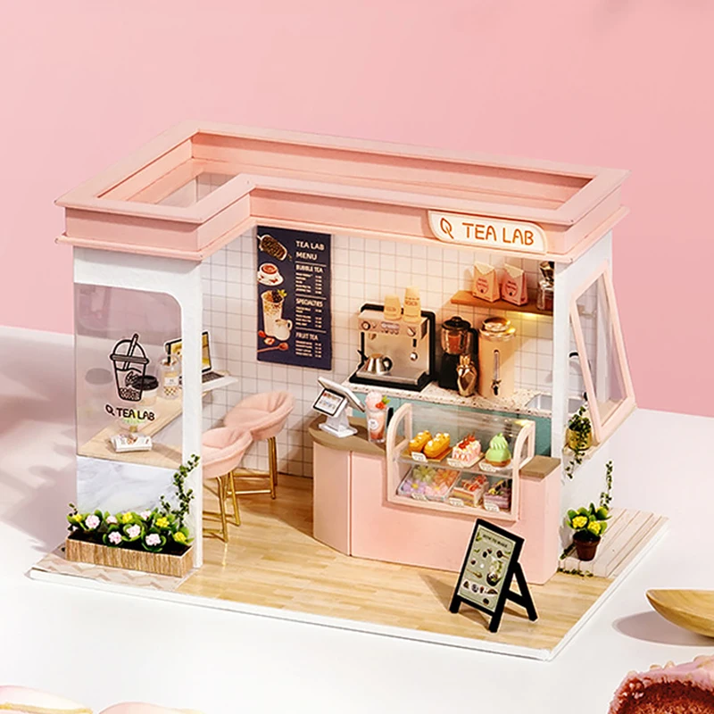 Milk Tea Shop Miniature Doll House Mini DIY Kit For 3D Wooden Assembly Puzzle Building Dollhouse Toys For Kids Birthday Gifts