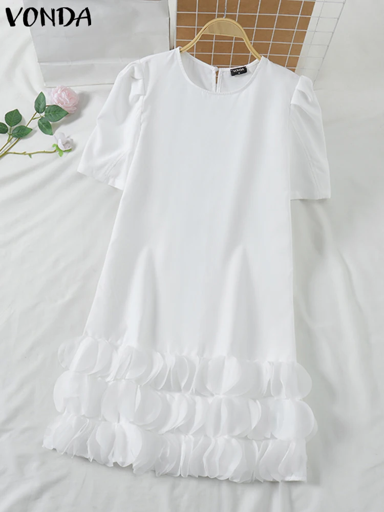 

Ruffled Dress Casual Loose Solid Color Mini Sundress VONDA Bohemian Sexy Holiday Vestidos Oversized O-Neck Short Sleeve Robe