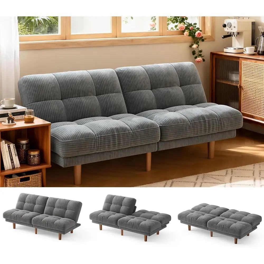 

Convertible Sofa Bed with Ergonomic Recliner and Adjustable Backrest, Corduroy Fabric Sleeper for Living Room or Office (Grey)