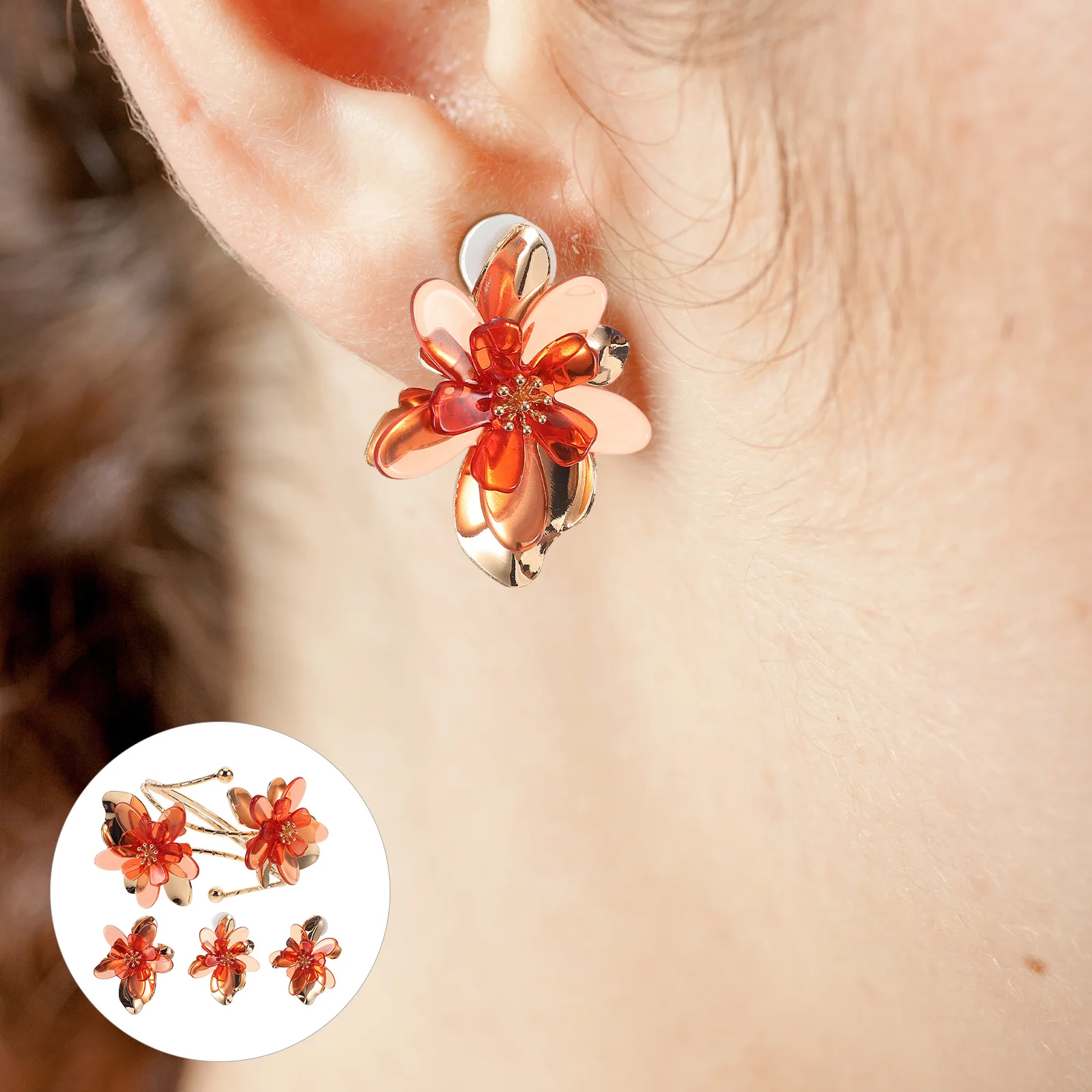 

1 set 1 Set Floral Jewelry For Women 3D Flower Earring Bracelet Ring Set Lightweight Comfortable Birthday Wedding Party Gift Red
