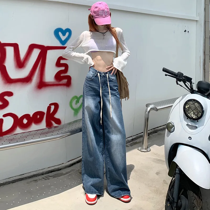 

Drawstring versatile wide-leg jeans for hot girls, slim fit2025Korean-style women's high-waisted, slimming, drapey, floor-length