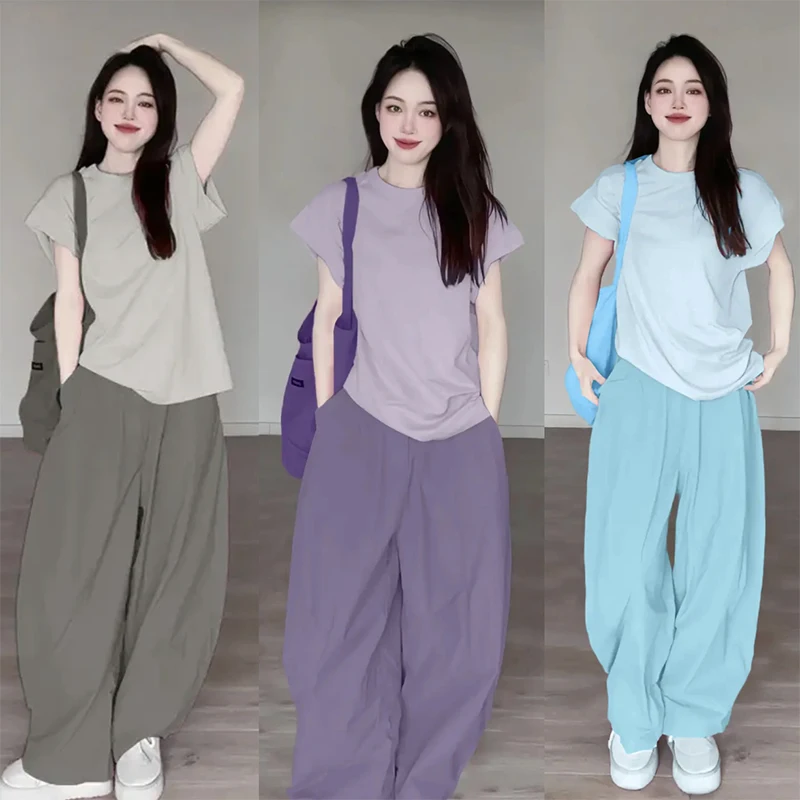 Summer New Women\'s Set Age Reducing Loose Sliming Lazy Style T-shirts and Elastic Waist Wide Leg Pants Two-piece Set for Women