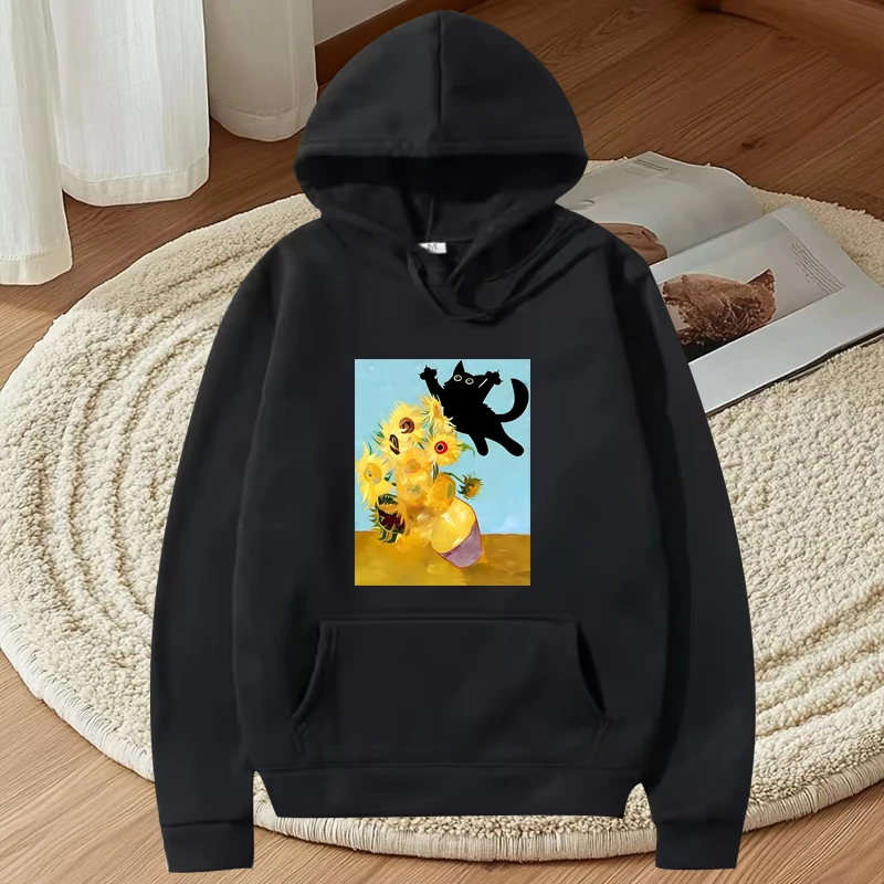 

Sunflowers Print Funny Cute Cat Kitten hoodie men women vintage Long sleeve streetwear print Graphics oversized hoodie unisex