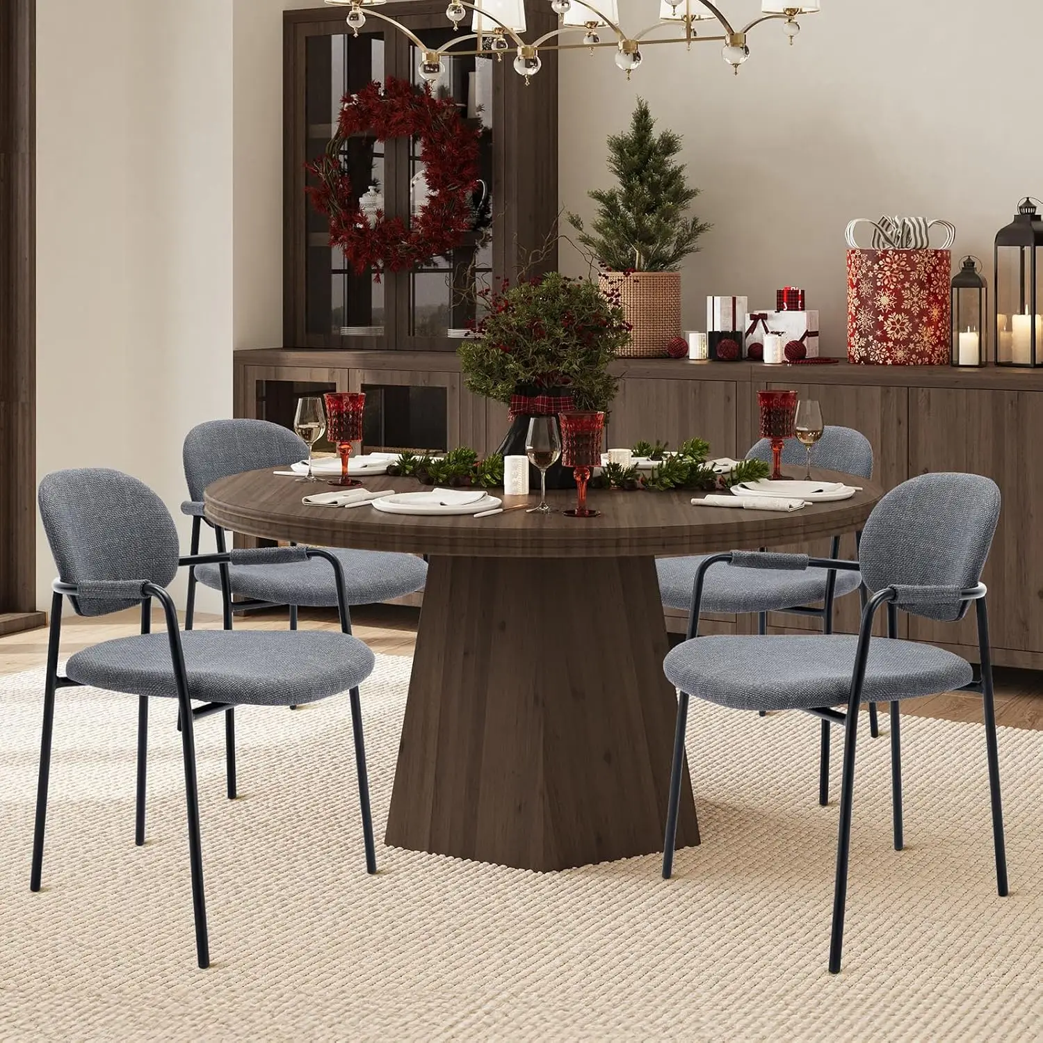 COLAMY Modern Fabric Dining Chairs Set Of 4, Upholstered Dining Room Chairs Kitchen Chairs With Arms, Round Back And Metal Legs