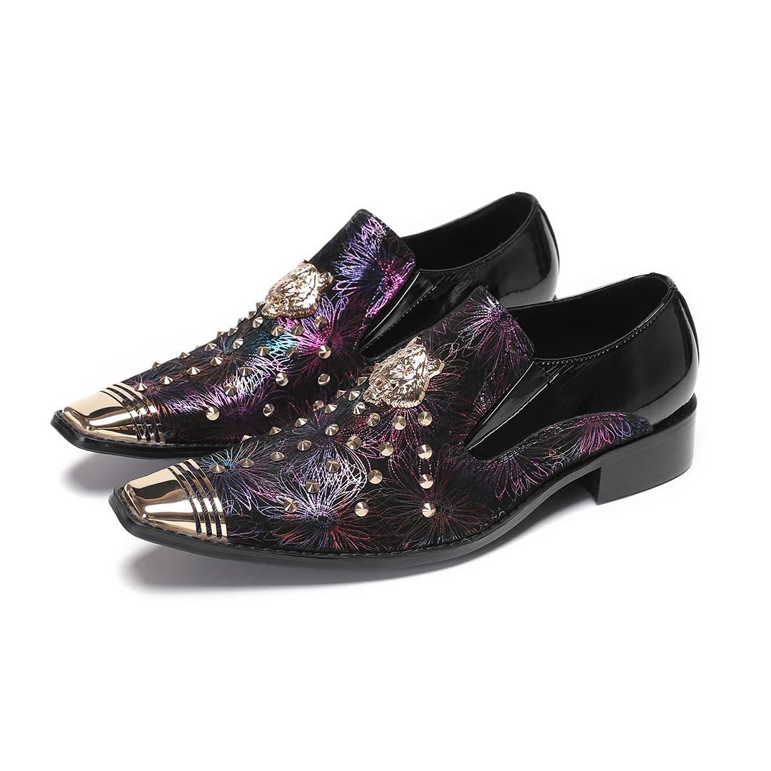 Designer Rivets Genuine Leather Party Dress Shoes for Men Big Size Slip on Formal Business Brogue Shoes Man Wedding Leather Shoe