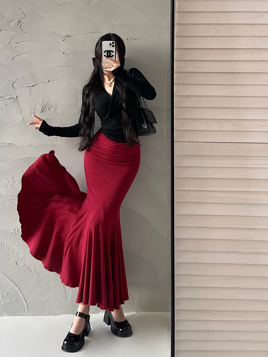 Young Girl Day Pure Desire High Waist Pleated Elastic Fish Tail Long Skirt Atmosphere Sensation Half Body Skirt Cotton Blend