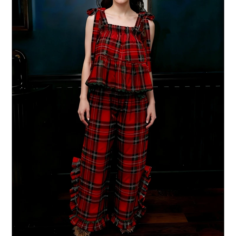 

Cpmbhasaki женский рождественский комплект из 2 предметов с отделкой Ric-Rac в полоску/клетчатую клетку, пижамный комплект с завязками на плечах, топы на бретелях Babydoll с длинными брюками с рюшами