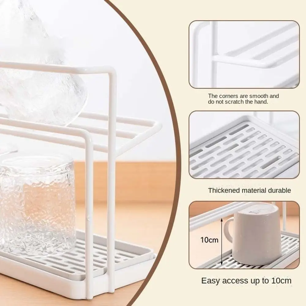 Iron Double-layer Drain Cup Rack Large Capacity Space Saving Cup Storage Tray with Removable Drip Tray Sink Storage Rack