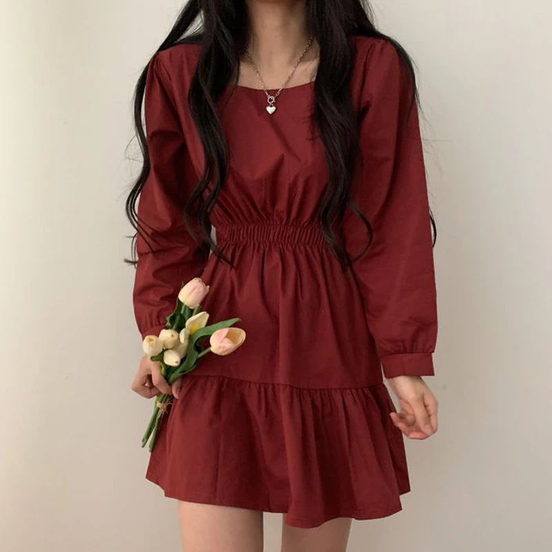2023년 봄 여성 한국 스타일 스윗 젊은 루즈핏 인형 드레스 스퀘어 넥 A라인 스커트 긴팔 숏 기장 솔리드 컬러