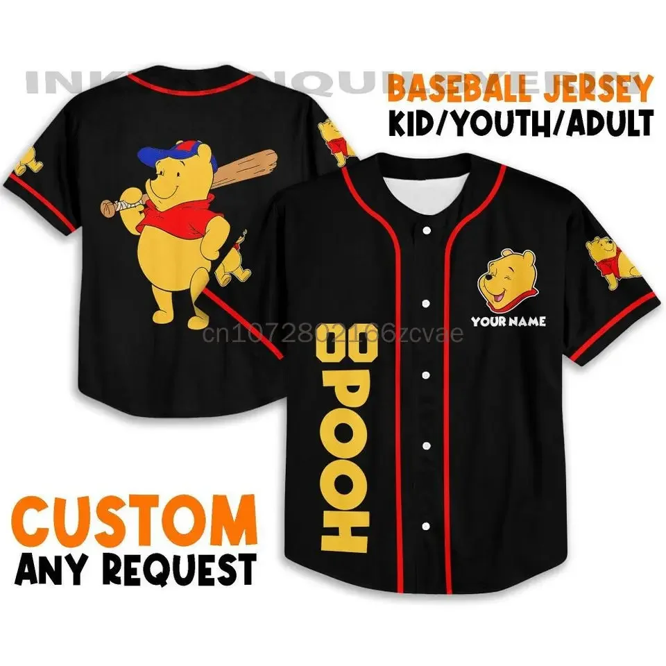 2024 New Summer Vintage Buttons Winnie Pooh Cute Custom Style Baseball Jersey Cartoon Oversized Training Uniform Adult/kid Kit