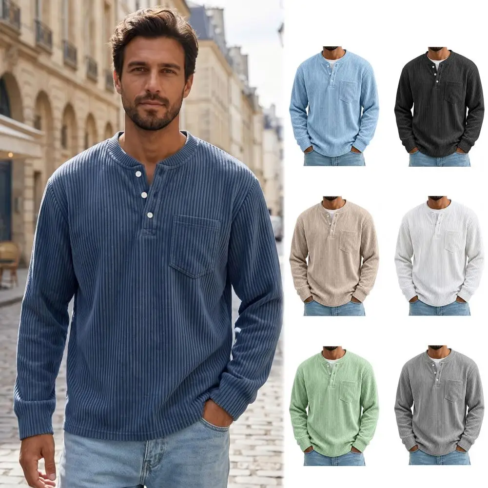 Men Corduroy Pullover Shirt, Long Sleeve Button Collar Shirt, With Chest Pocket, Loose Fit Ribbed Textured Sweatshirt