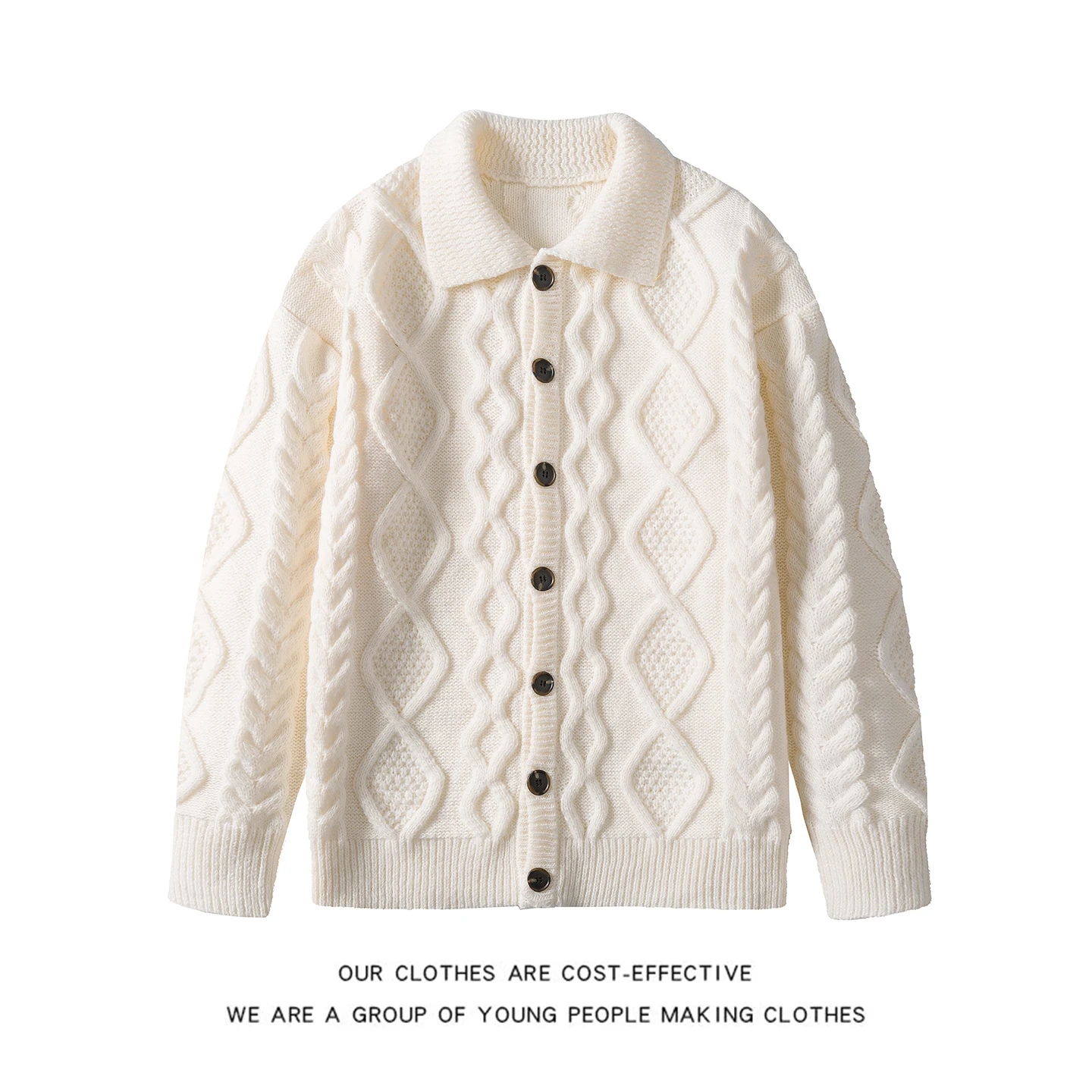 

Loose Fit Knitted Cardigan Sweater Men's Autumn Winter Casual Diamond Texture Collar Stand up Knitwear Outerwear