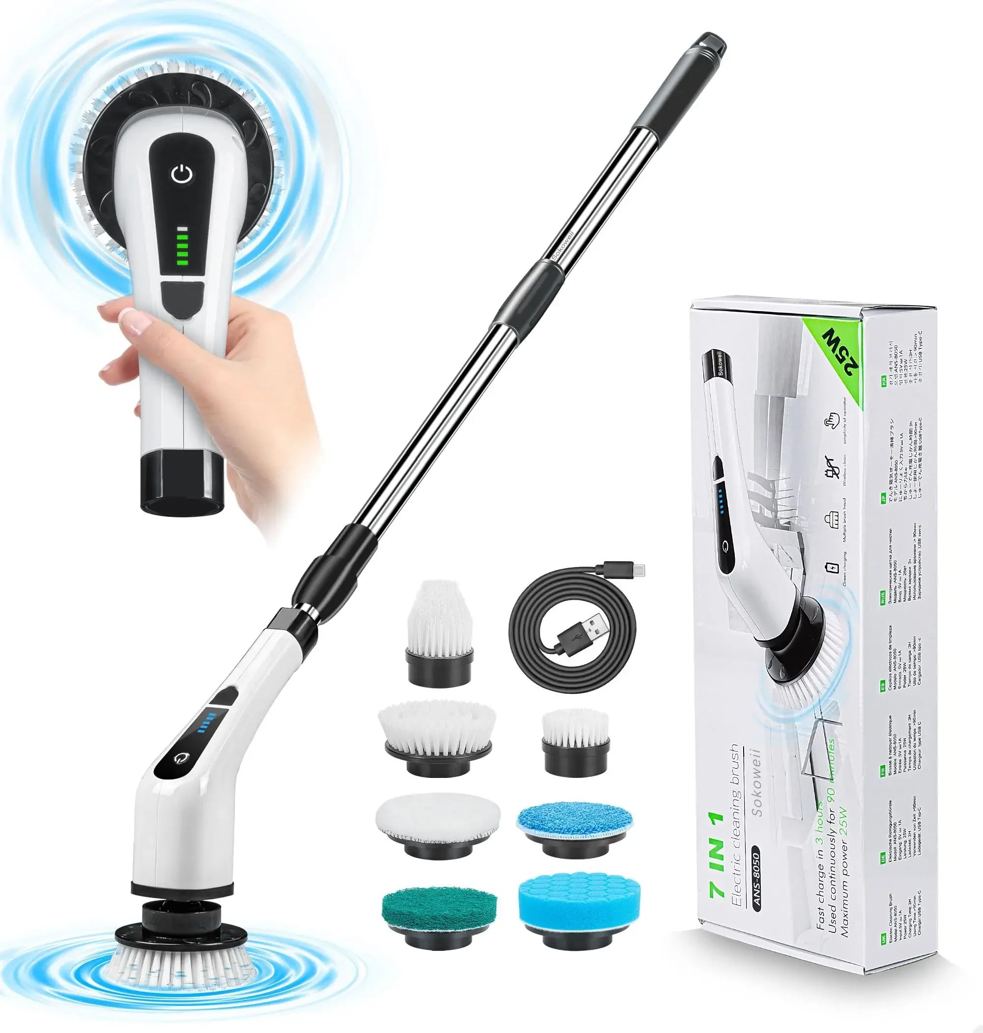 

9in1 Cordless Electric Turbo Scrub Cleaning Brush Multifunctional Long Handle Spin Scrubber Bathroom Accessories