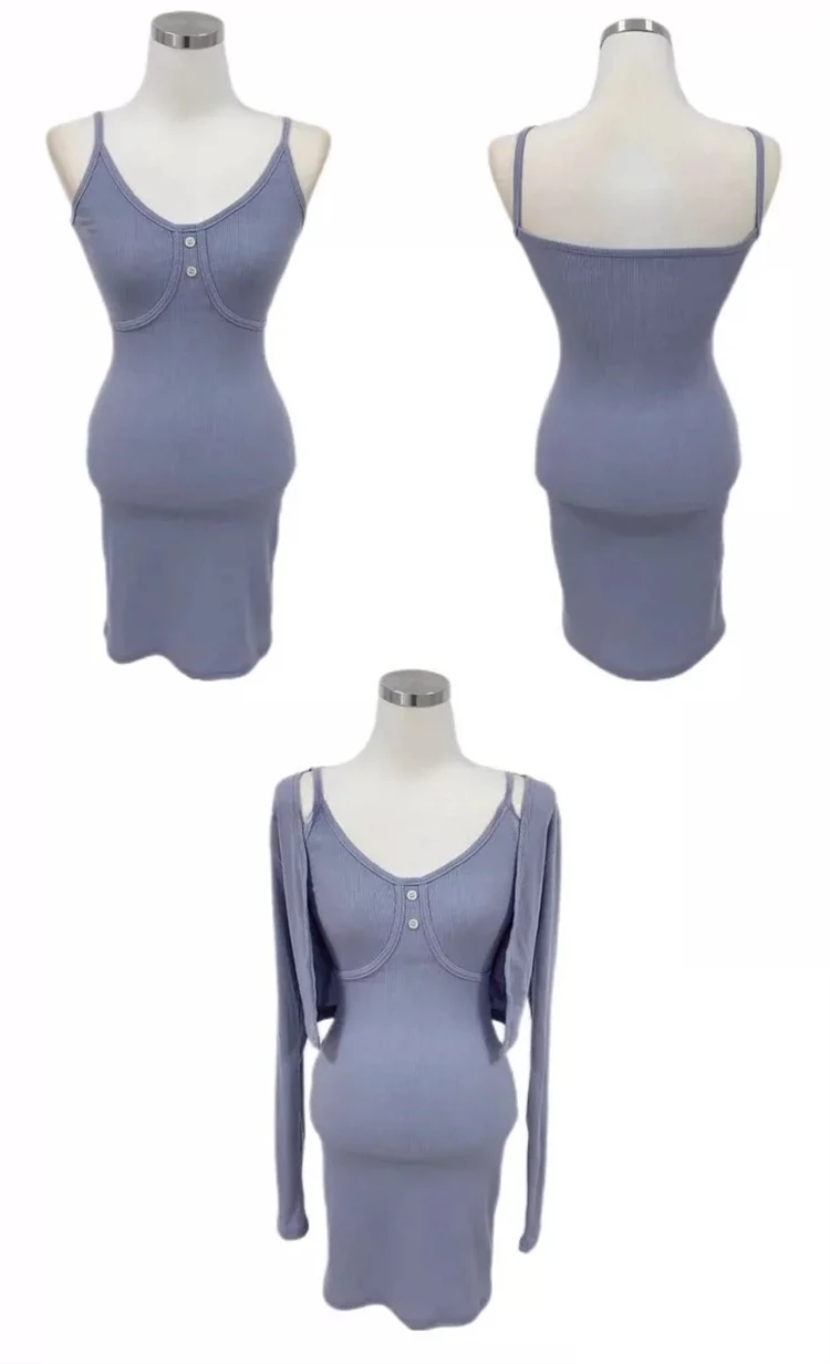 2026 Koreanischer Stil U-Ausschnitt Tailliertes Bodycon-Cami-Minikleid Langarm-Strickjacke 2-Teiliges Set Figurbetontes Outfit – Detail 11