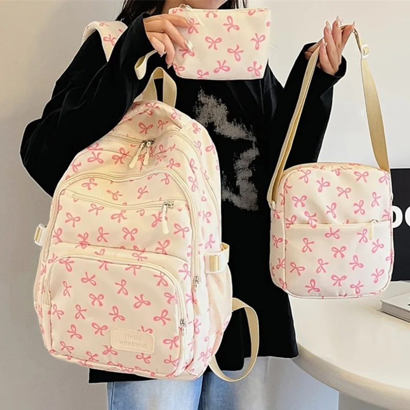 

Y2K Bow Print Cute 3 Pcs Backpacks Set Travel Nylon School Bag High Capacity Adjustable Strap Girl Laptop Computer Backpacks New