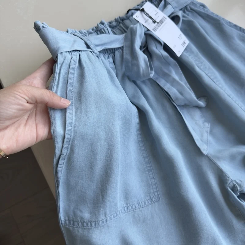 アイスシルクレースアップデニムショーツ夏の女性の弾性ハイウエストカジュアルワイドレッグショーツ特大ルーズショートパンツ S-3XL