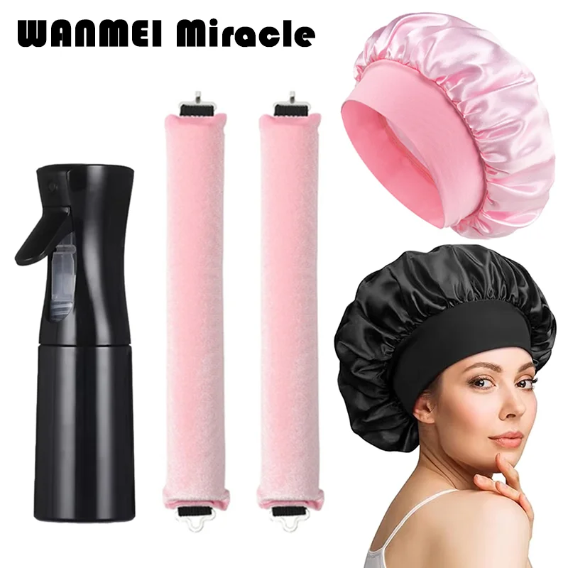 Heatless Hair Curlers Set with Shower Sleeping Hat Sleep Lazy Curler with Spray Bottle Silk Ribbon Hair Rollers Hair Care Tools