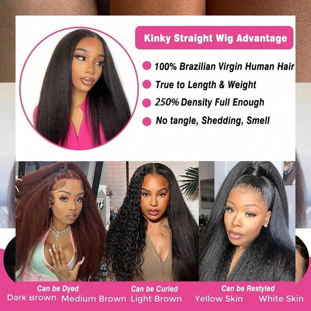 Pelucas delanteras de encaje recto rizado cabello humano 34 pulgadas 250% densidad Yaki recto 13x4 transparente HD pelucas de encaje pre-todo