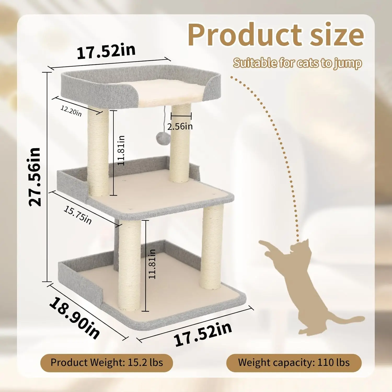 Durable Cat Scratching Post With Bed, Multi-Level 27.56In Cat Tree With Scratching Posts Of Natural Sisal, All-Season Cat Tree