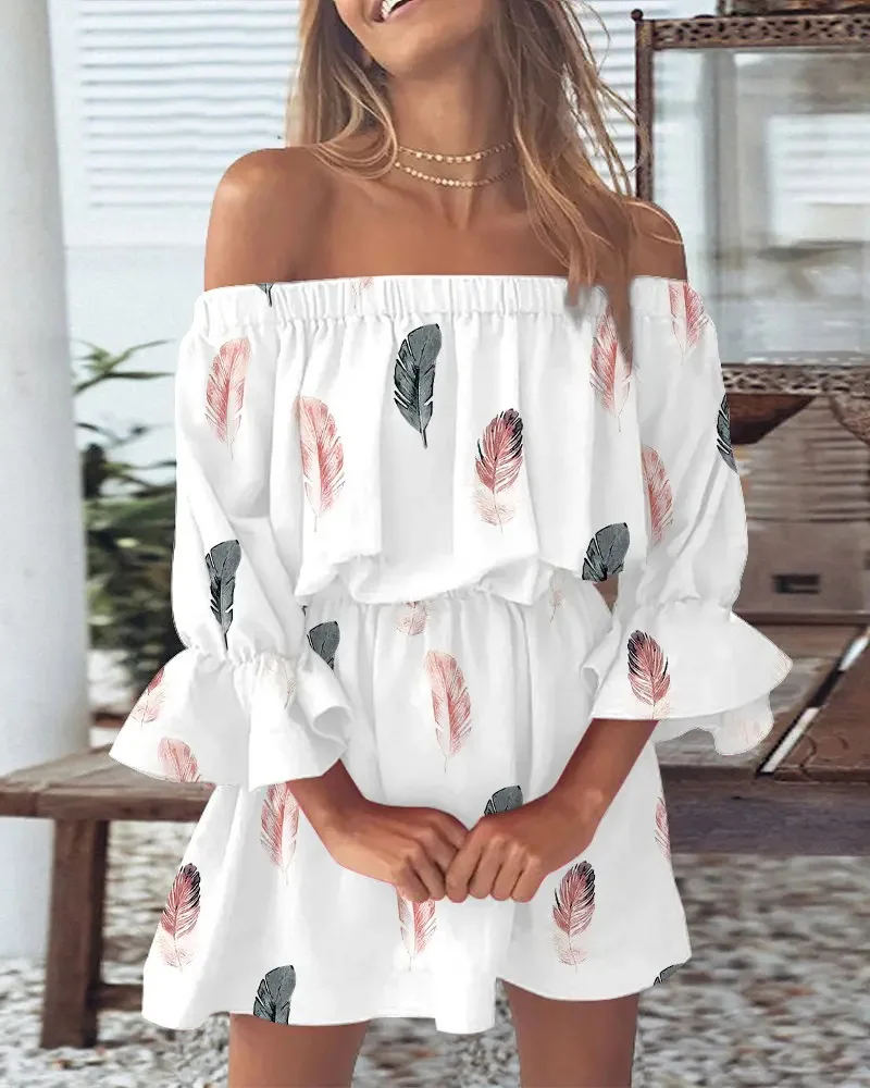 Women's Off-Shoulder Floral & Leaf Print Mini Dress with Ruffled Hem and Bell Sleeves - Chic Summer Casual Boho Beach
