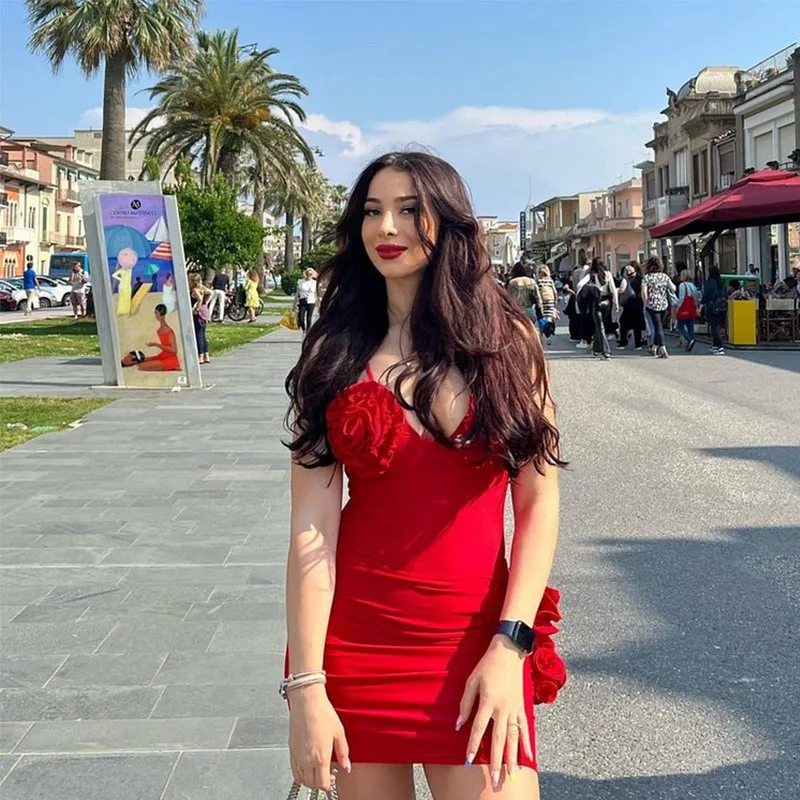 2025 European and American New One-piece Swimsuit Women's Red Flower Sexy Half Skirt Two-piece Swimsuit Set Micro Bikini