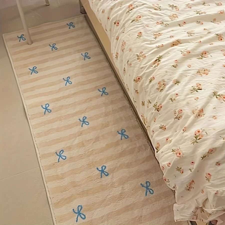 VIKAMA Ins Wind Cute Bow Carpet Soft Short Pile Carpet Bedroom Decorative Carpet Bedside Rug Bay Window Pad Home Decor