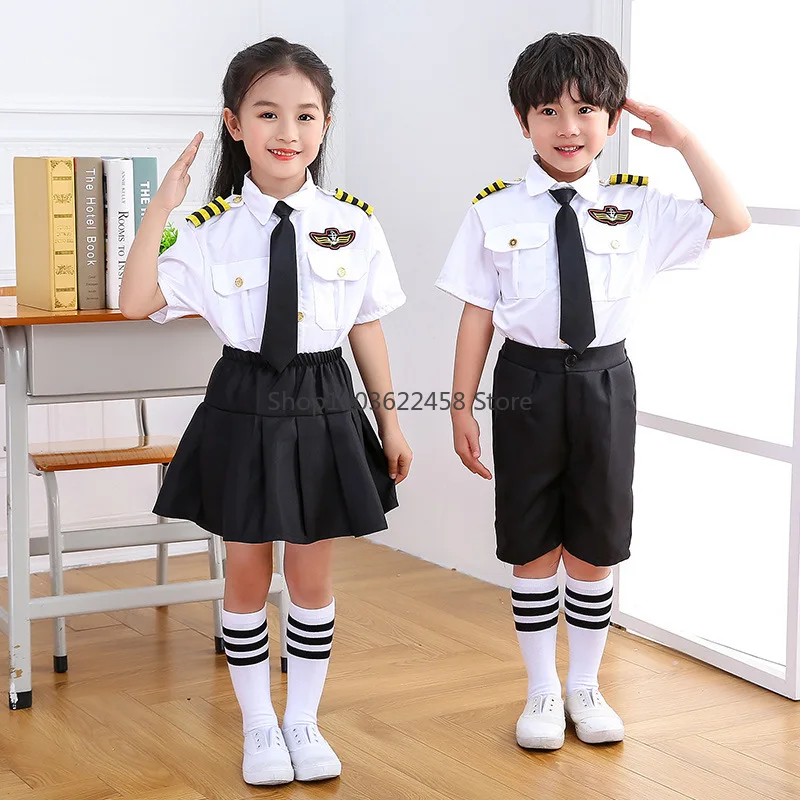 Flight Attendent Cosplay Costumes for Children Halloween Party Aircraft Pilot Uniforms Kids Performance Profession Class Wear