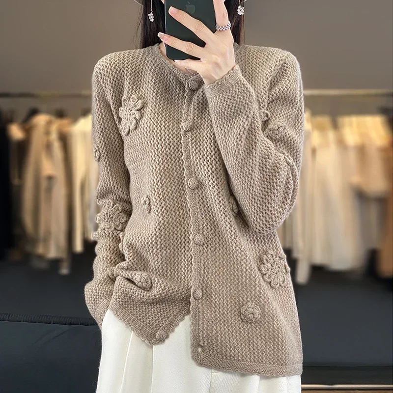 Tailor Sheep Knitted Cardigan Women's Sweater Fashion Exquisite Coat Women's Full Sleeve 100% Pure Wool Sweater