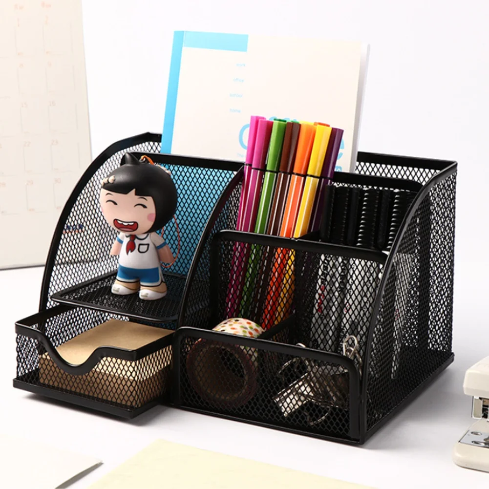 Mesh Desk Organizer Pen Holder, Accessories Storage with 6 Compartments, and Drawer Office Supplies Gift (1