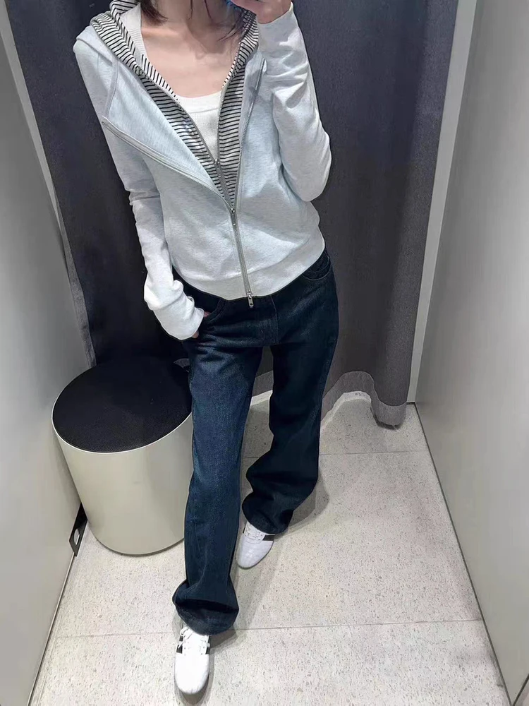 Women's drawstring hooded sweatshirt - faux two-piece striped patchwork cardigan - casual fitted long-sleeved coat top