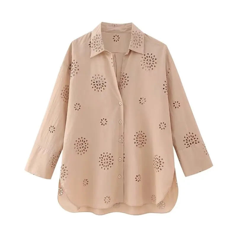 เสื้อผู้หญิงทรงหลวมอเนกประสงค์ ปักลายฉลุ ดีไซน์ใหม่สำหรับฤดูใบไม้ร่วง สไตล์เรียบหรู สีพื้น เหมาะสำหรับใส่ทำงาน แขนยาว แต่งกระดุม