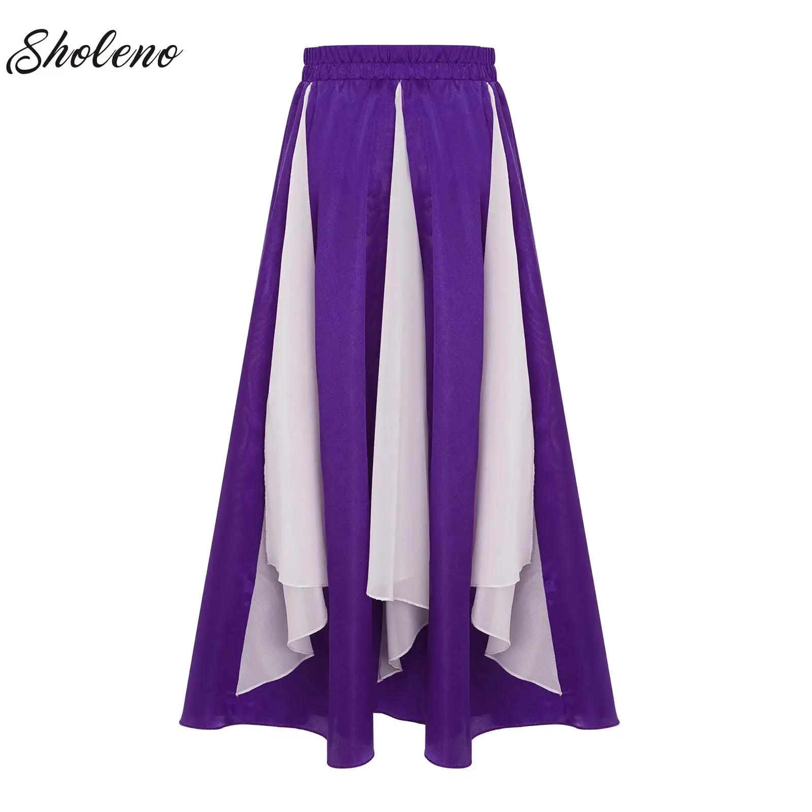 

Kids Girls Chiffon Satin Skirt for Ballet Dance Studio Practice Performance Costume Wide Hemline Color Block Lyrical Dancewear